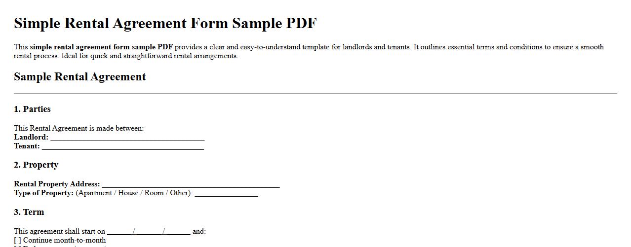 Simple rental agreement form sample PDF image preview