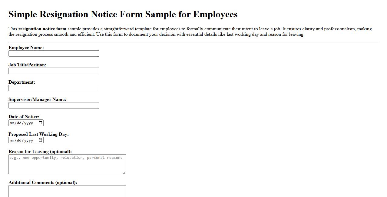 Simple resignation notice form sample for employees image preview
