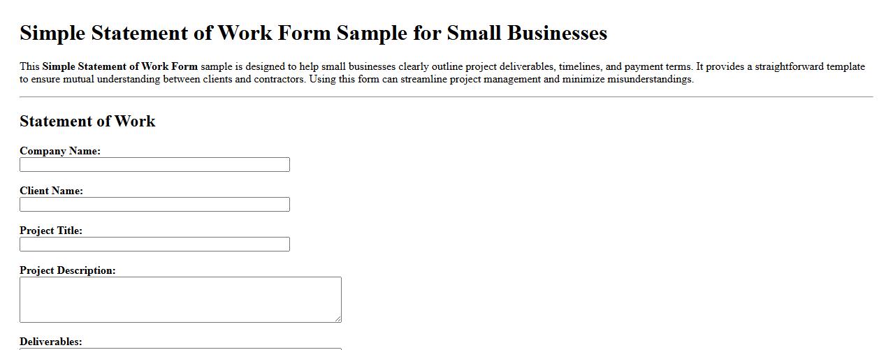 Simple Statement of Work Form Sample for Small Businesses image preview