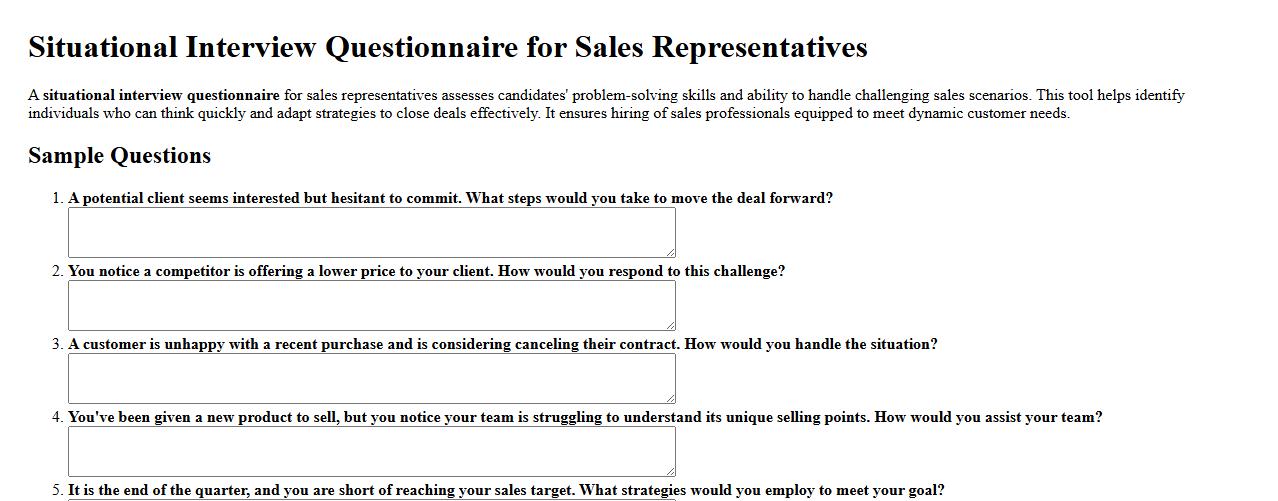 Situational interview questionnaire for sales representatives image preview