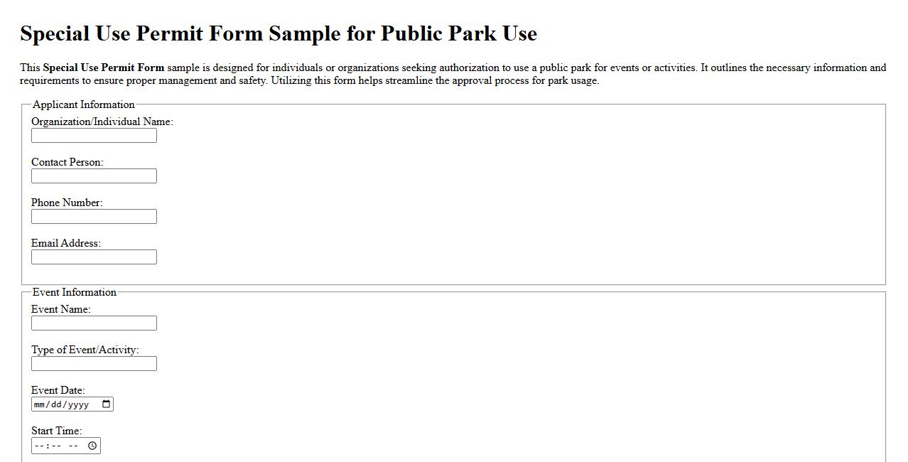 Special Use Permit Form Sample for Public Park Use image preview