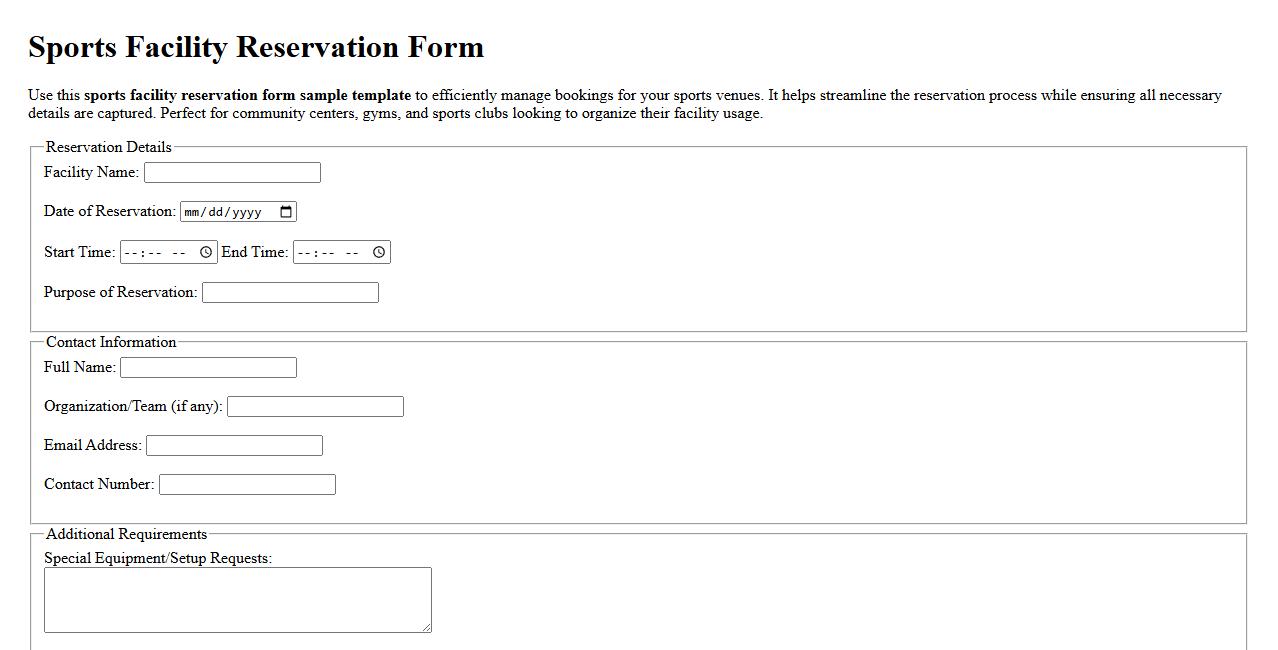 Sports facility reservation form sample template image preview