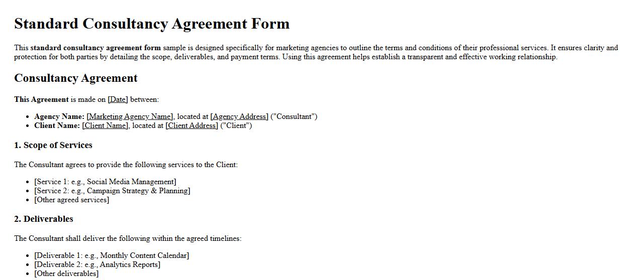 Standard consultancy agreement form sample for marketing agencies image preview
