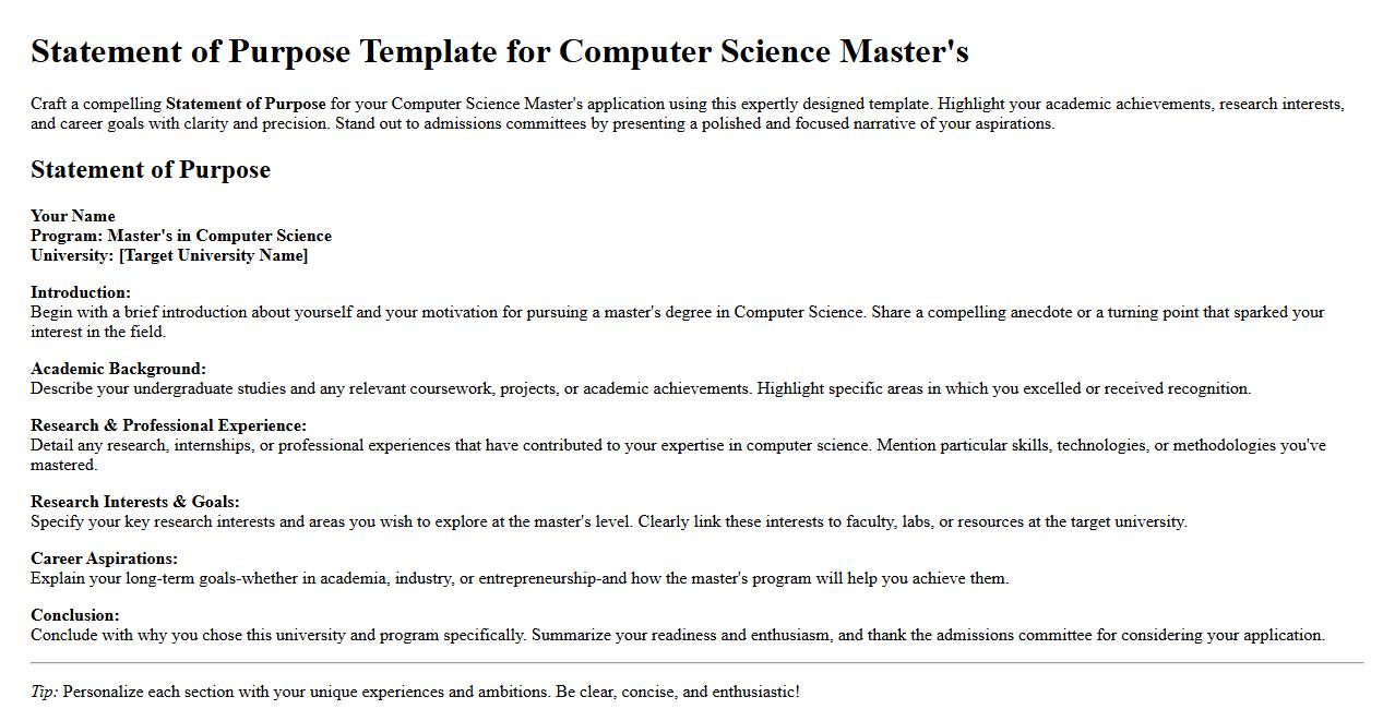 Statement of Purpose template for computer science master's image preview