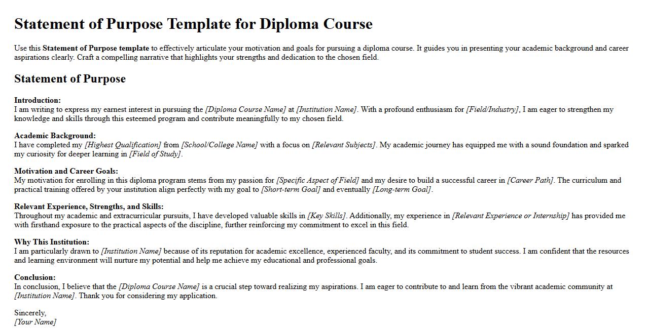 Statement of Purpose template for diploma course image preview