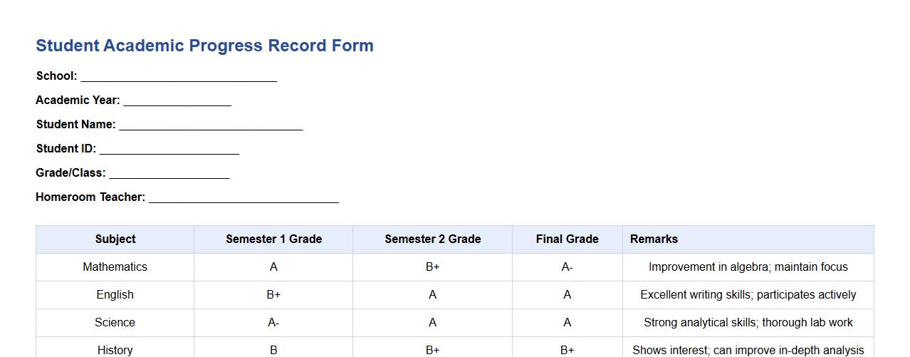 Student academic progress record form sample with grades image preview