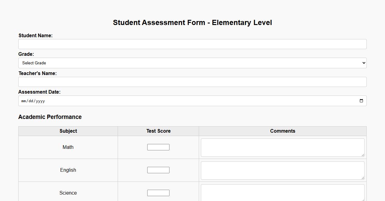Student assessment form sample for elementary students image preview