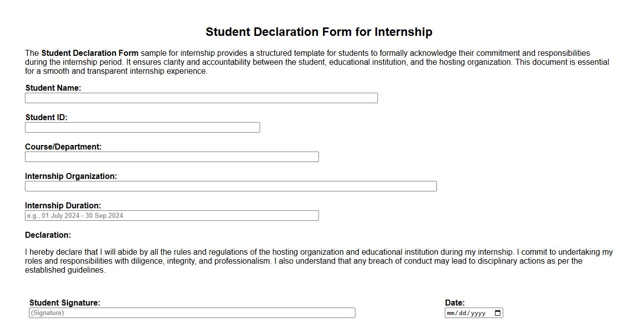 Student Declaration Form Sample for Internship image preview