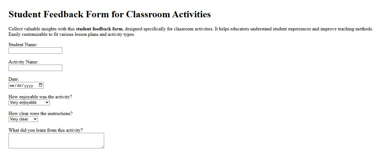 Student feedback form sample for classroom activities image preview