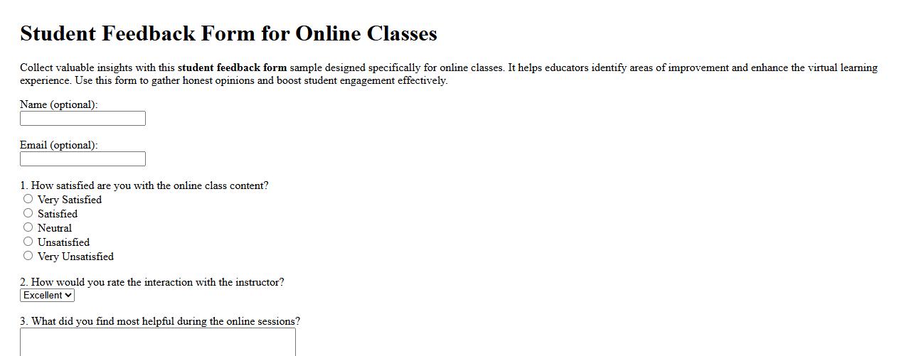 Student feedback form sample for online classes image preview