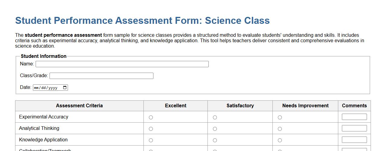 Student performance assessment form sample for science classes image preview