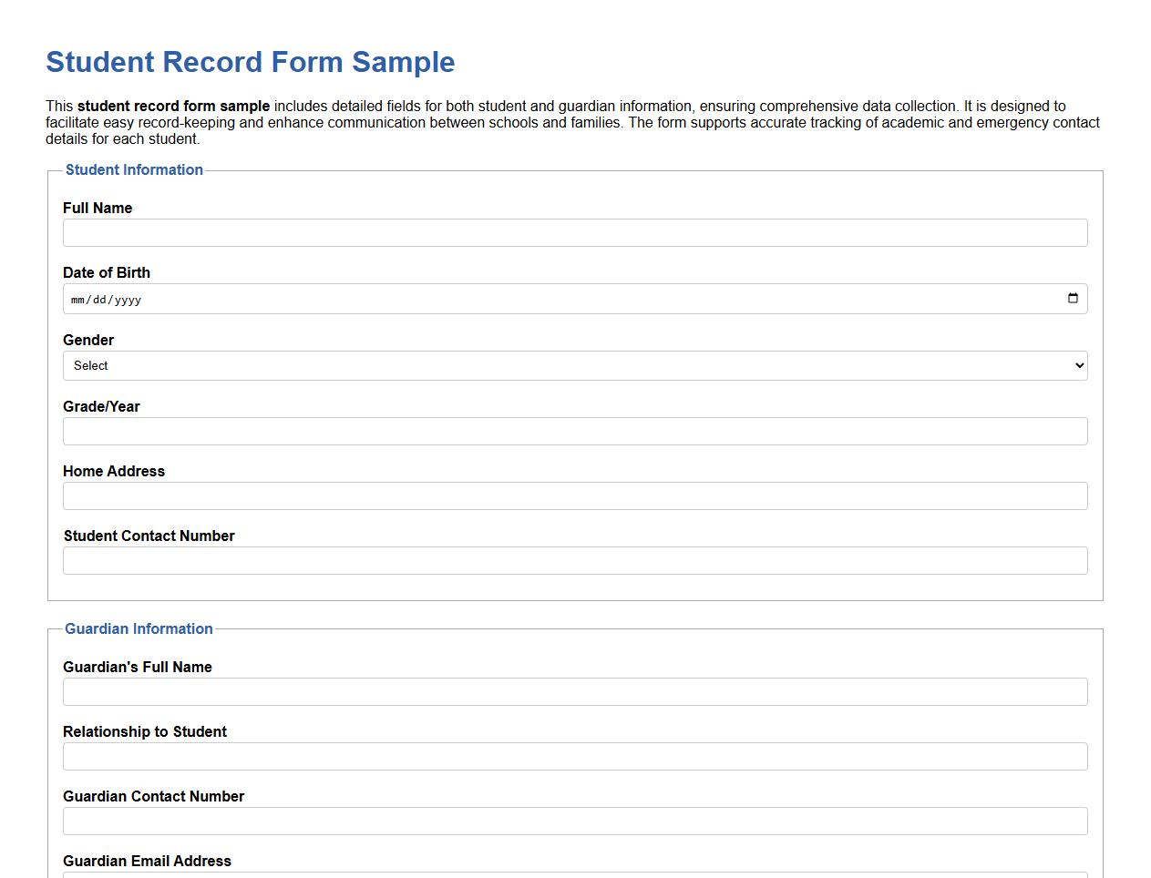 Student record form sample with guardian information image preview