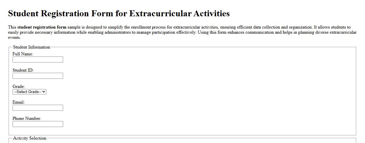 Student registration form sample for extracurricular activities image preview
