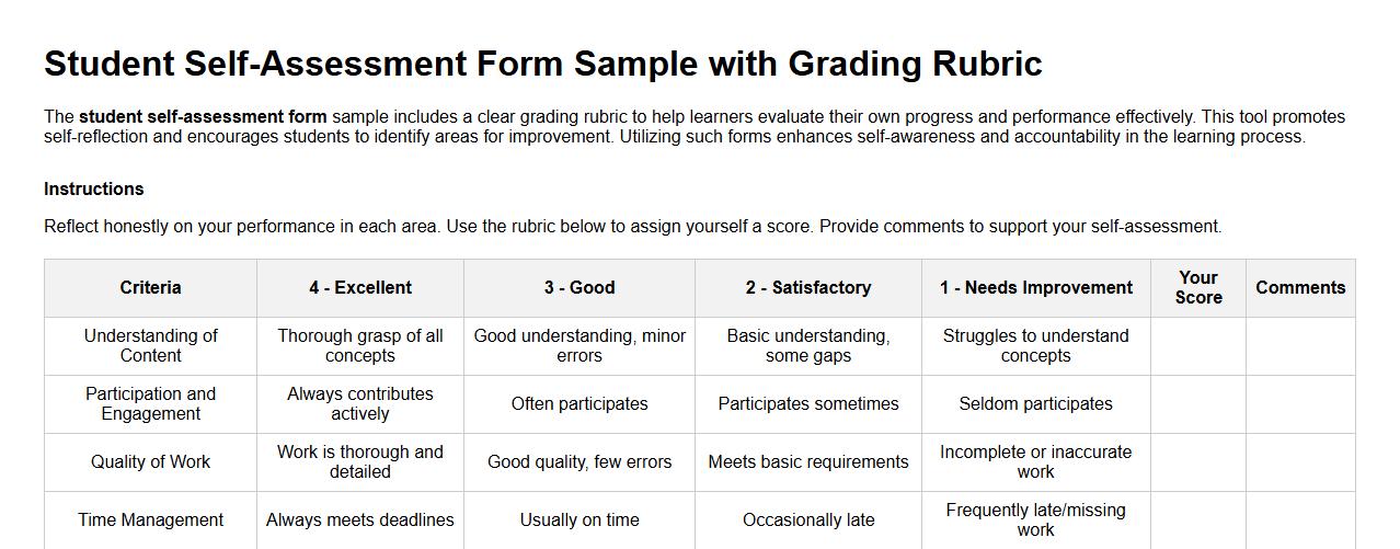 student self-assessment form sample with grading rubric image preview