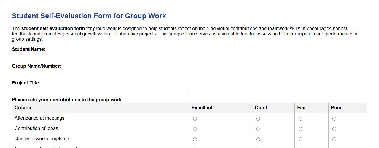 student self-evaluation form sample for group work image preview
