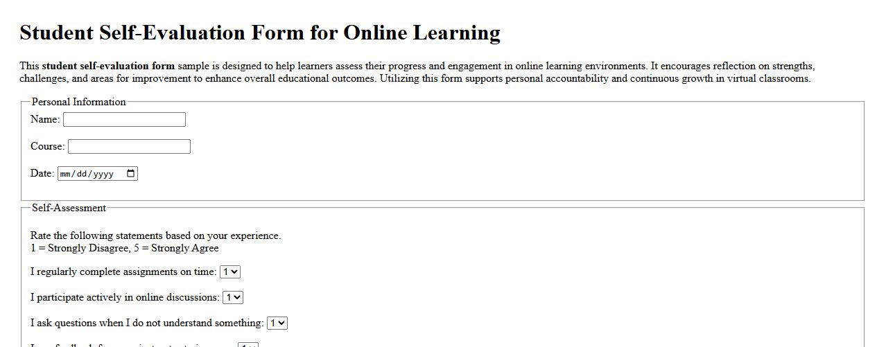 student self-evaluation form sample for online learning image preview