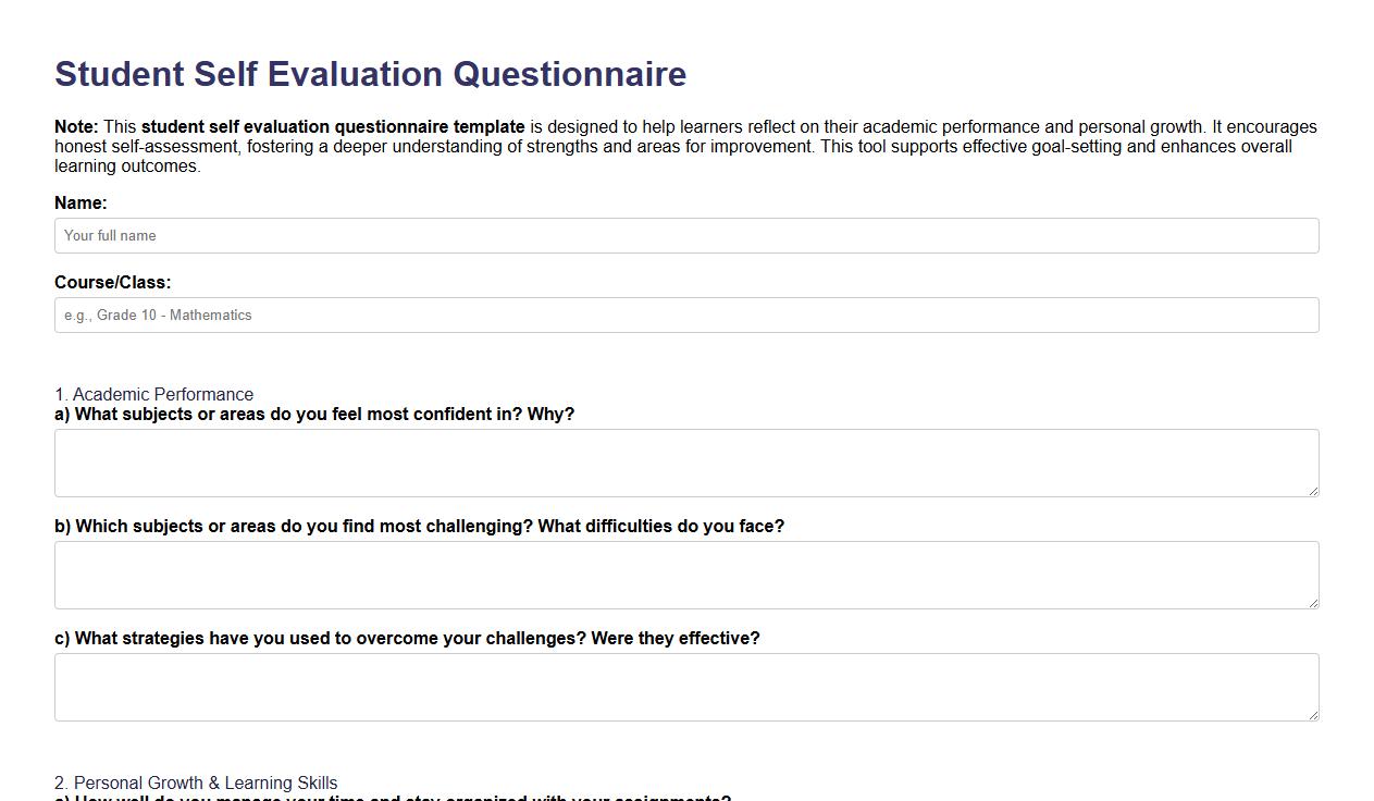 student self evaluation questionnaire template image preview
