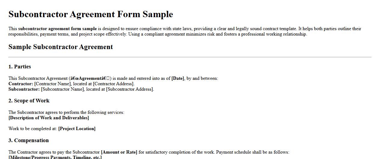 Subcontractor agreement form sample compliant with state laws image preview