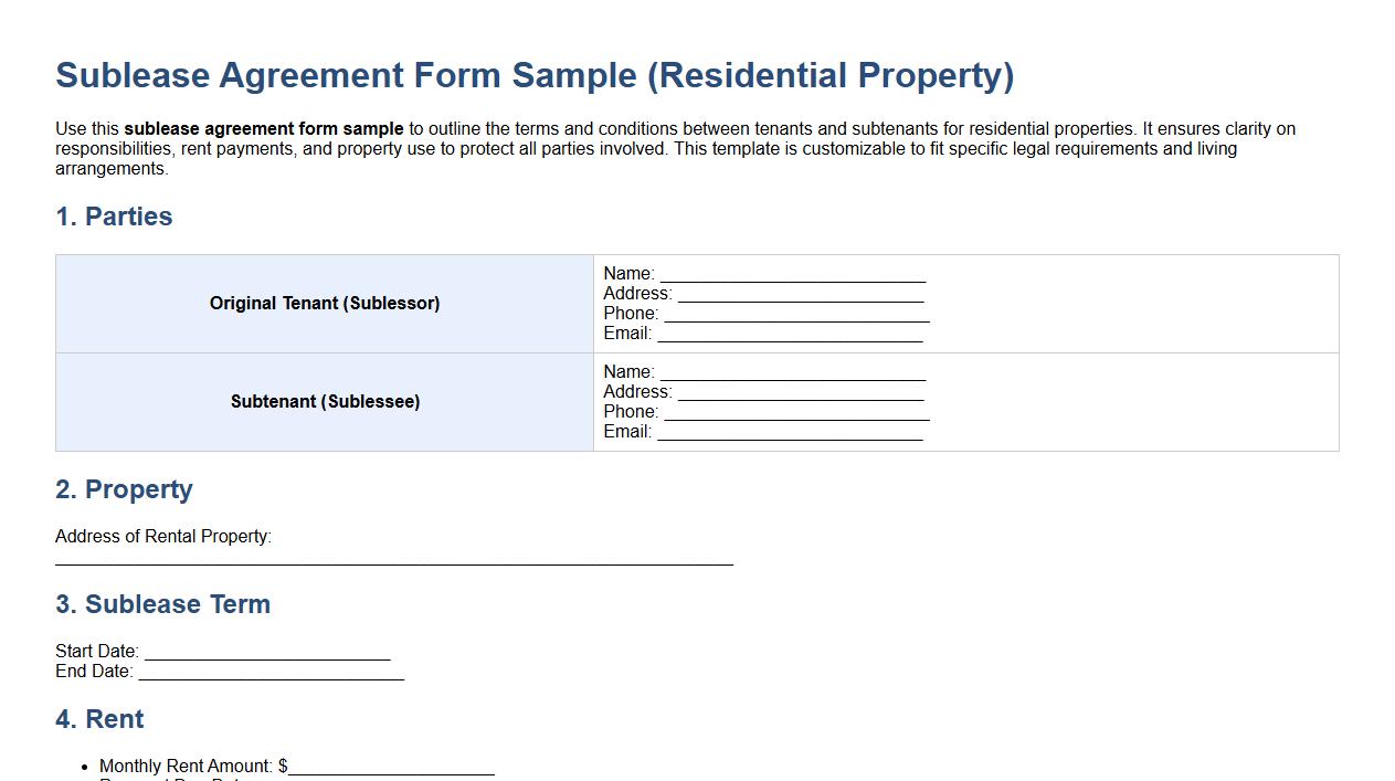 sublease agreement form sample for residential property image preview