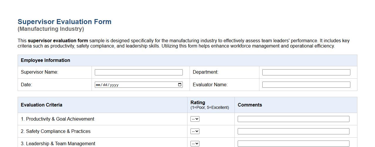 Supervisor evaluation form sample for manufacturing industry image preview