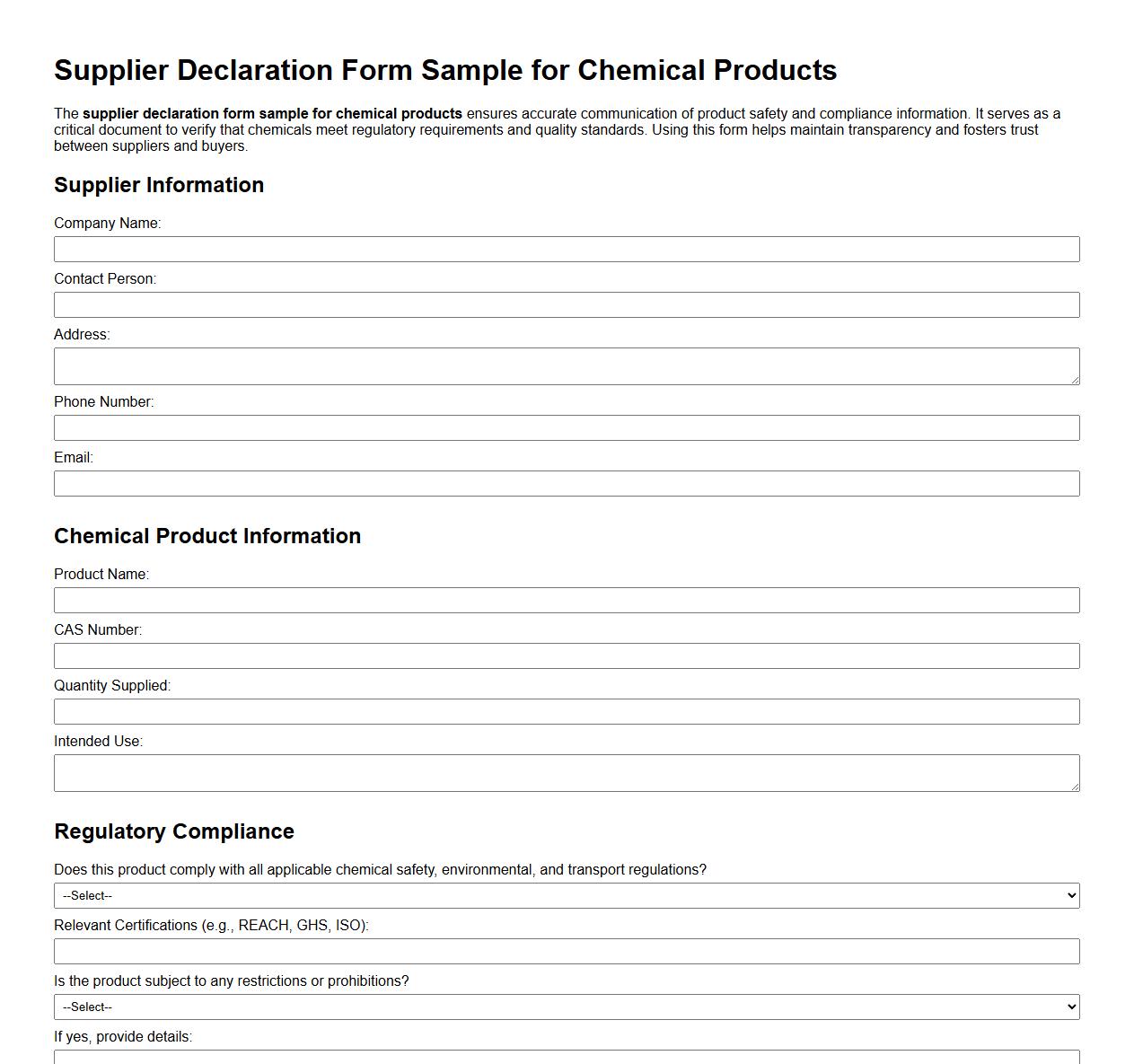 supplier declaration form sample for chemical products image preview
