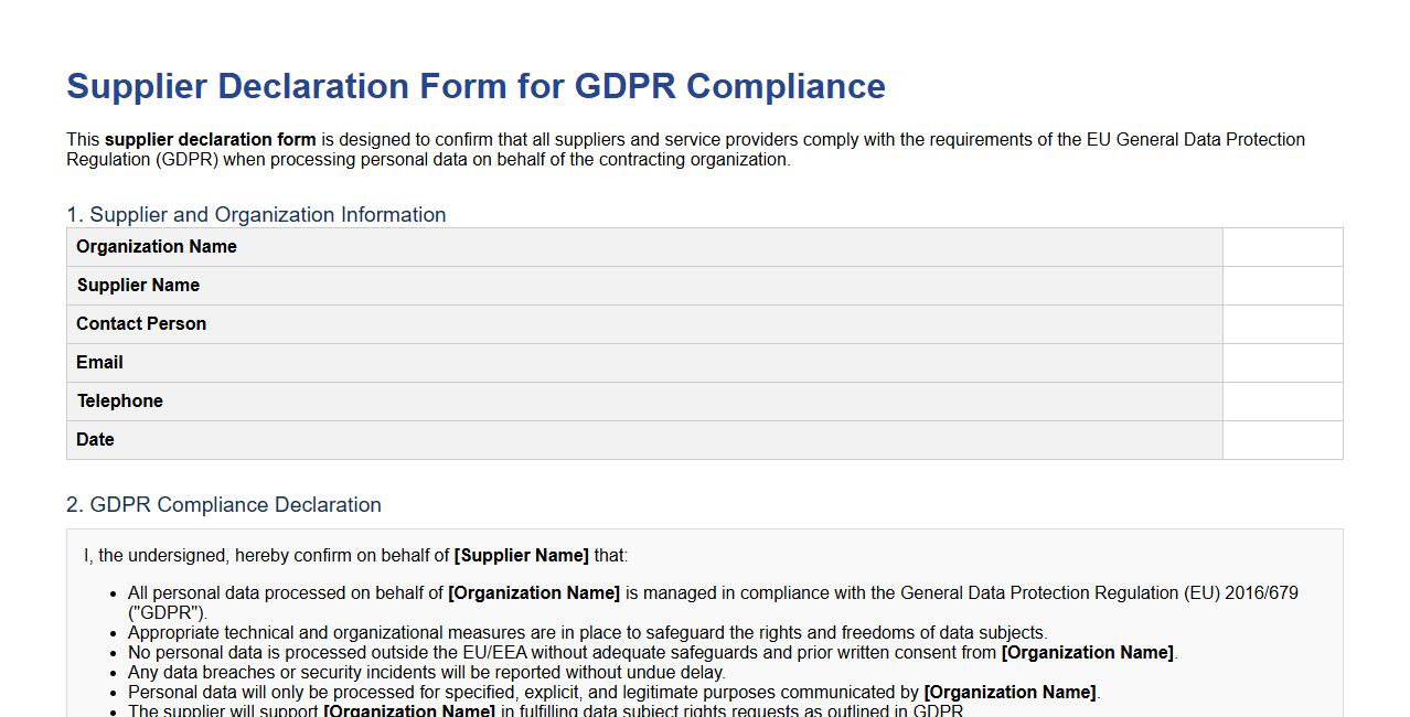 supplier declaration form sample for GDPR compliance image preview