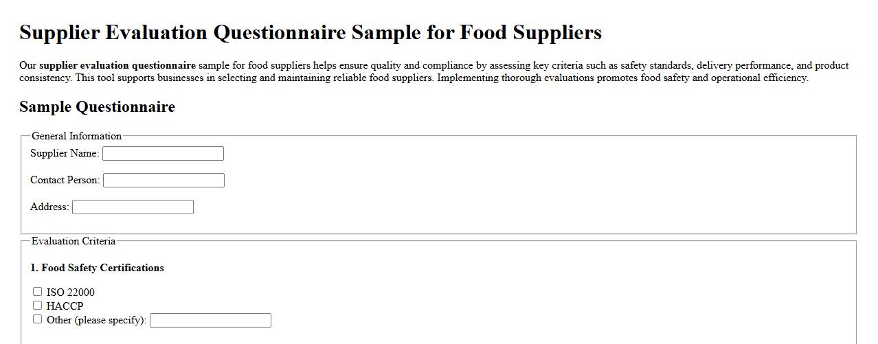 Supplier evaluation questionnaire sample for food suppliers image preview