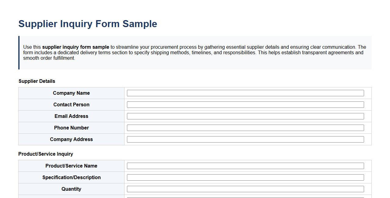 supplier inquiry form sample with delivery terms section image preview
