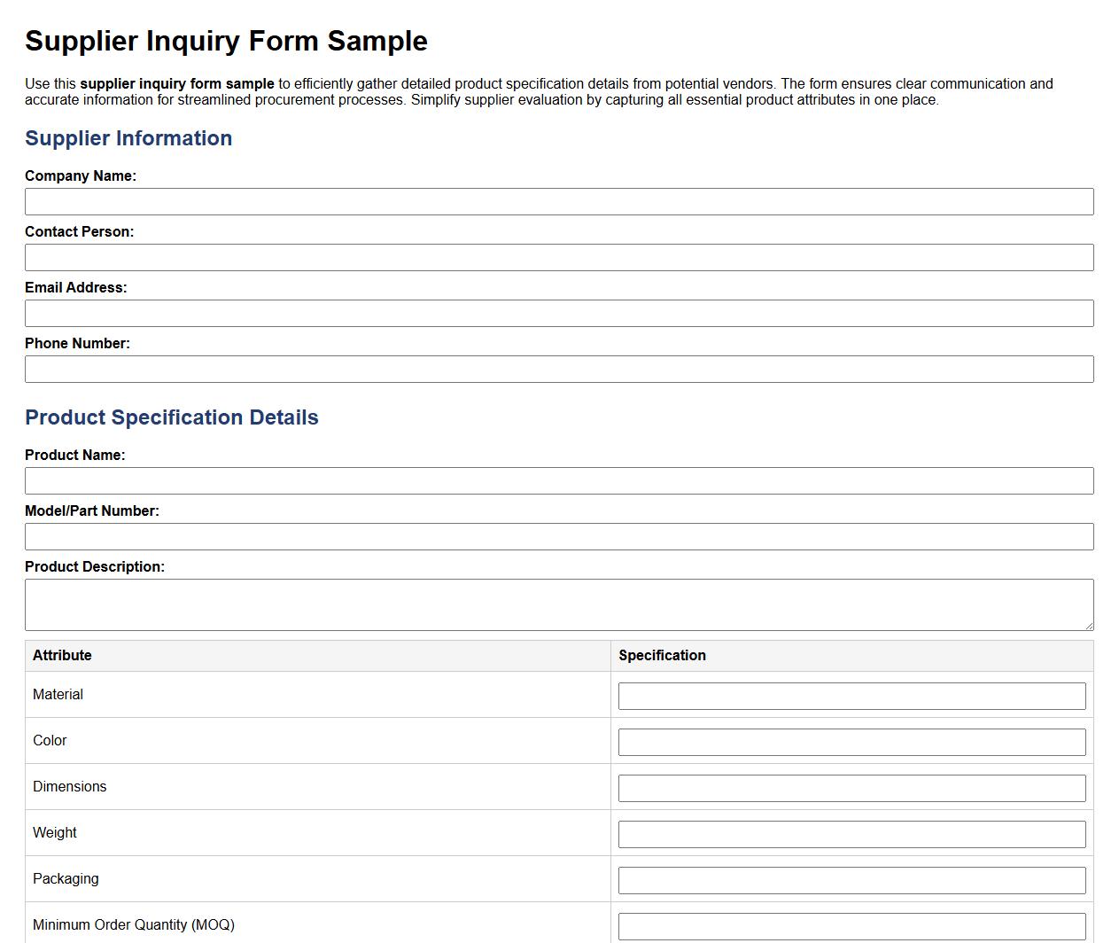 supplier inquiry form sample with product specification details image preview