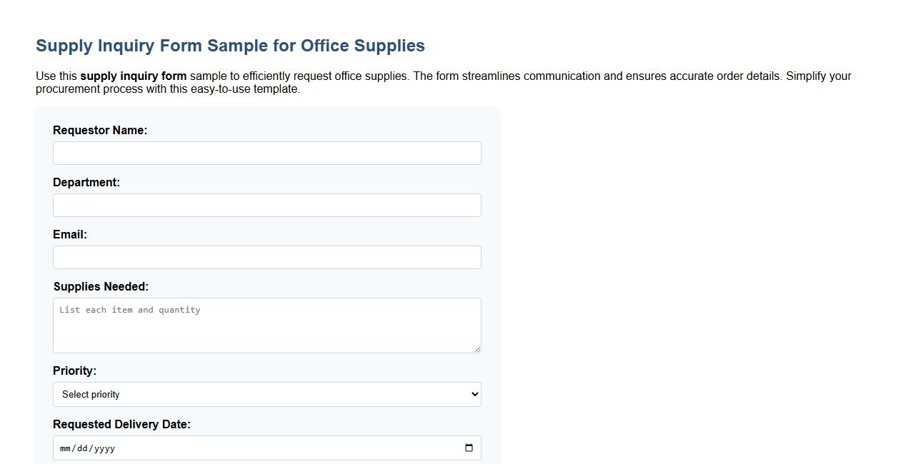 Supply inquiry form sample for office supplies image preview