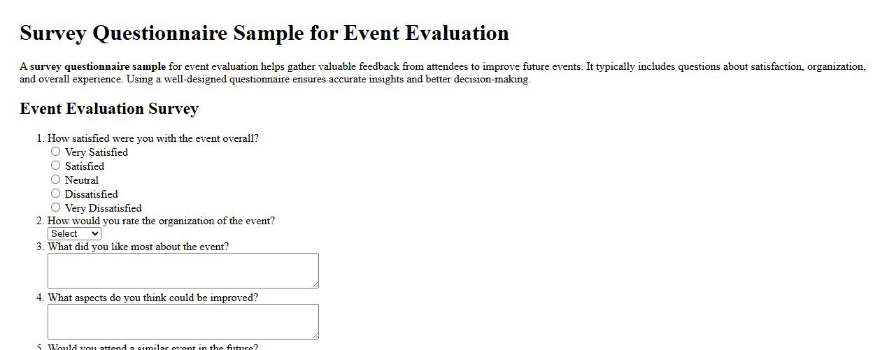 Survey questionnaire sample for event evaluation image preview