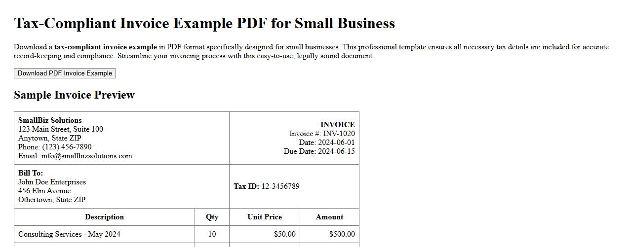 Tax-compliant invoice example PDF for small business image preview