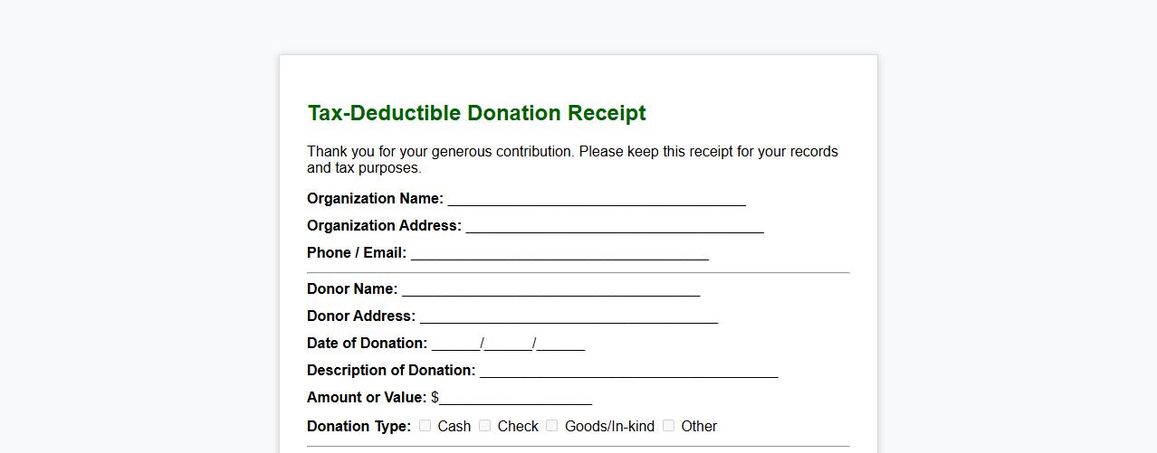 Tax-deductible receipt template form sample for donations image preview
