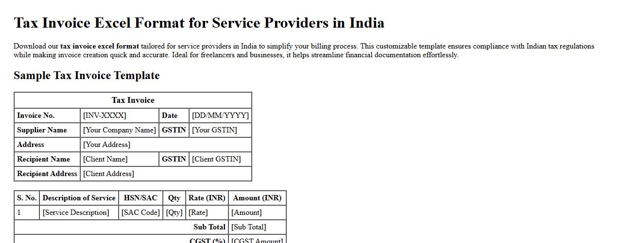Tax invoice excel format for service providers in India image preview