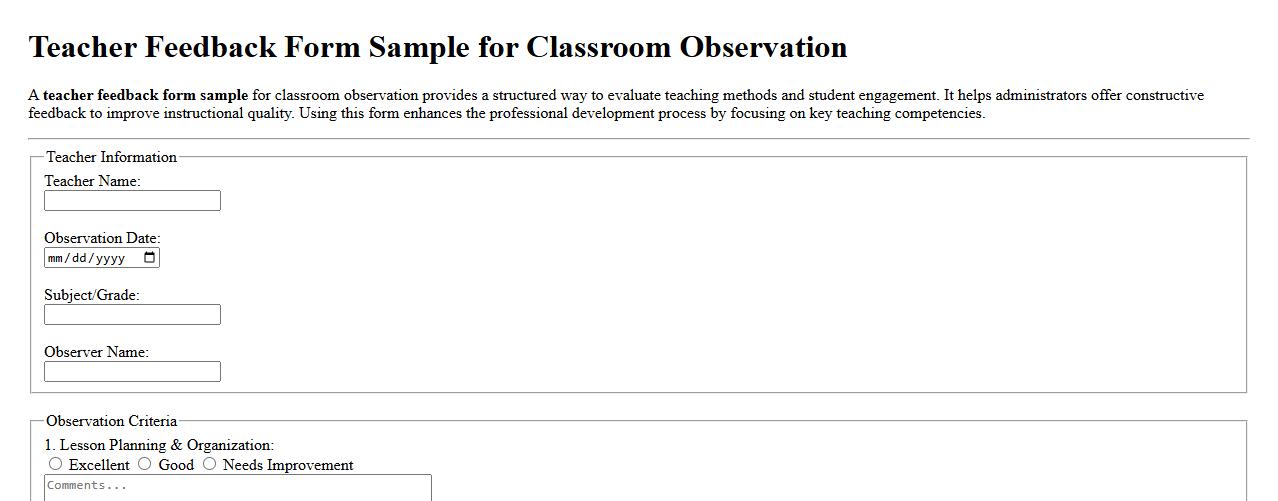 teacher feedback form sample for classroom observation image preview