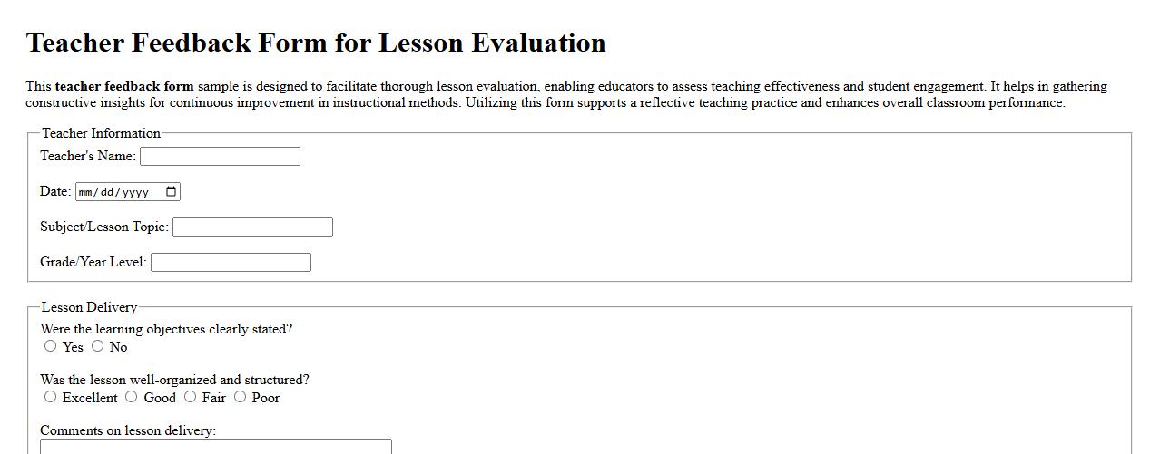 teacher feedback form sample for lesson evaluation image preview