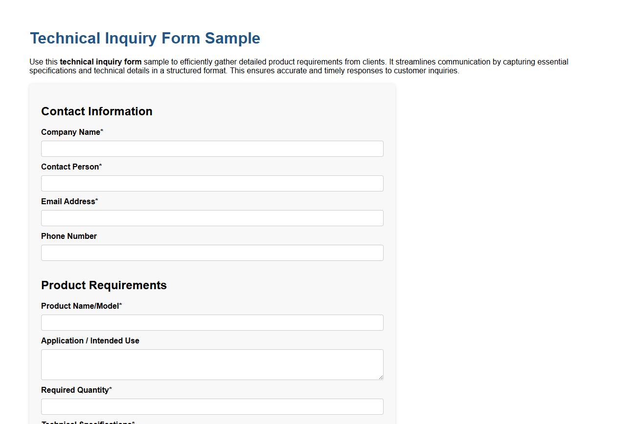 Technical inquiry form sample including product requirements image preview