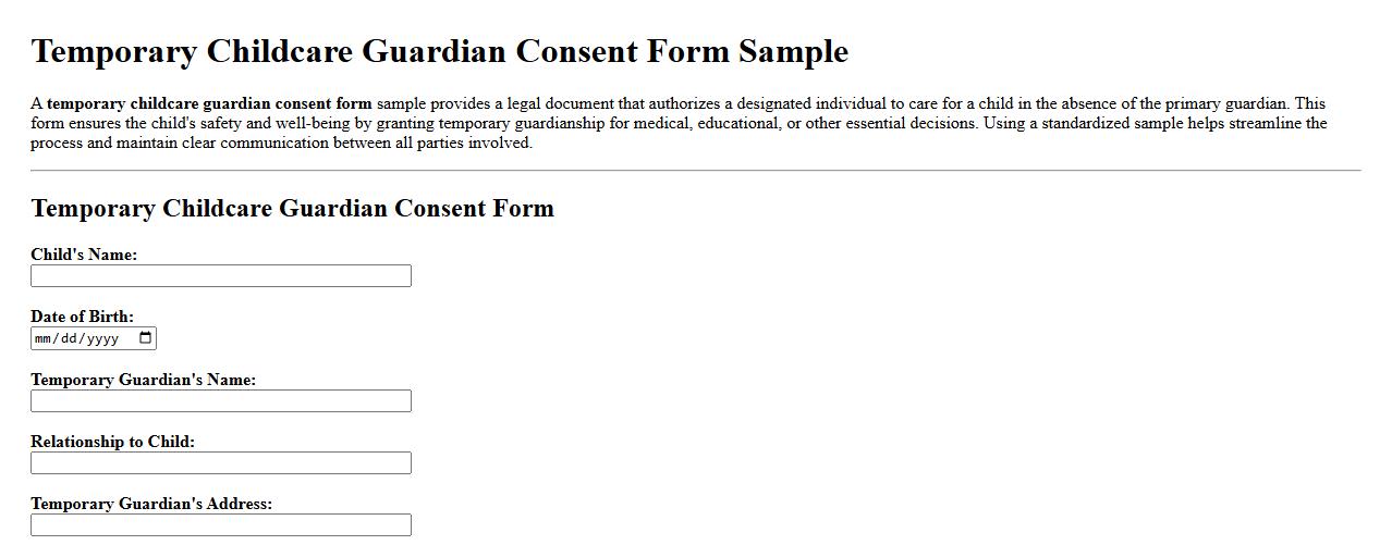 Temporary childcare guardian consent form sample image preview