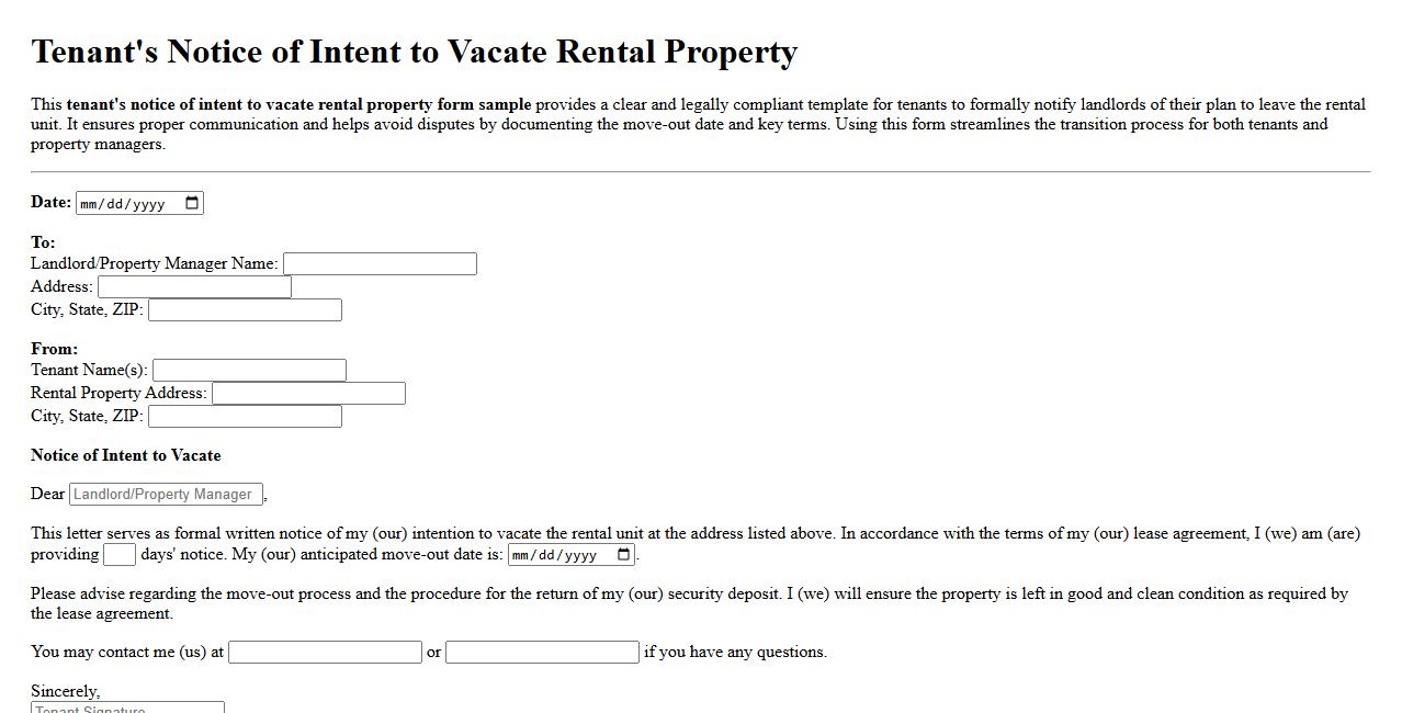 tenant’s notice of intent to vacate rental property form sample image preview