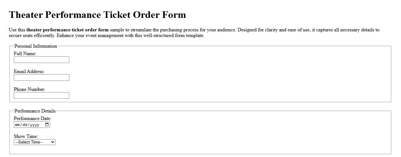 Theater performance ticket order form sample image preview