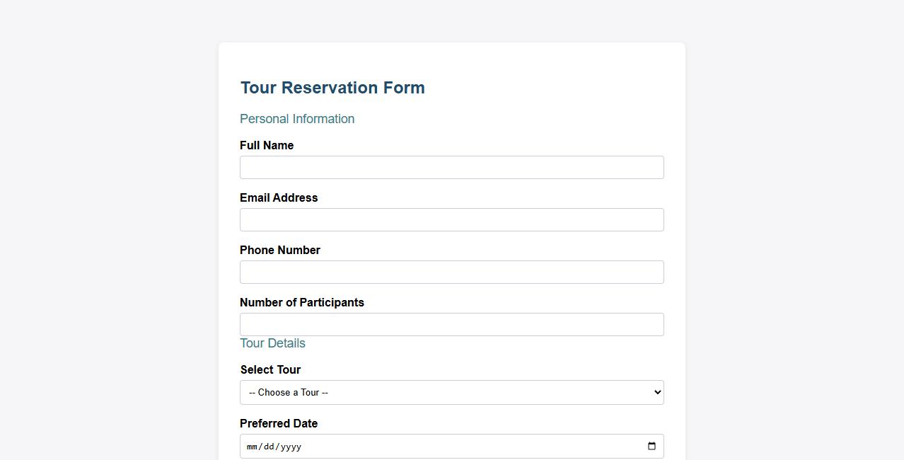 Tour reservation form sample with payment section image preview