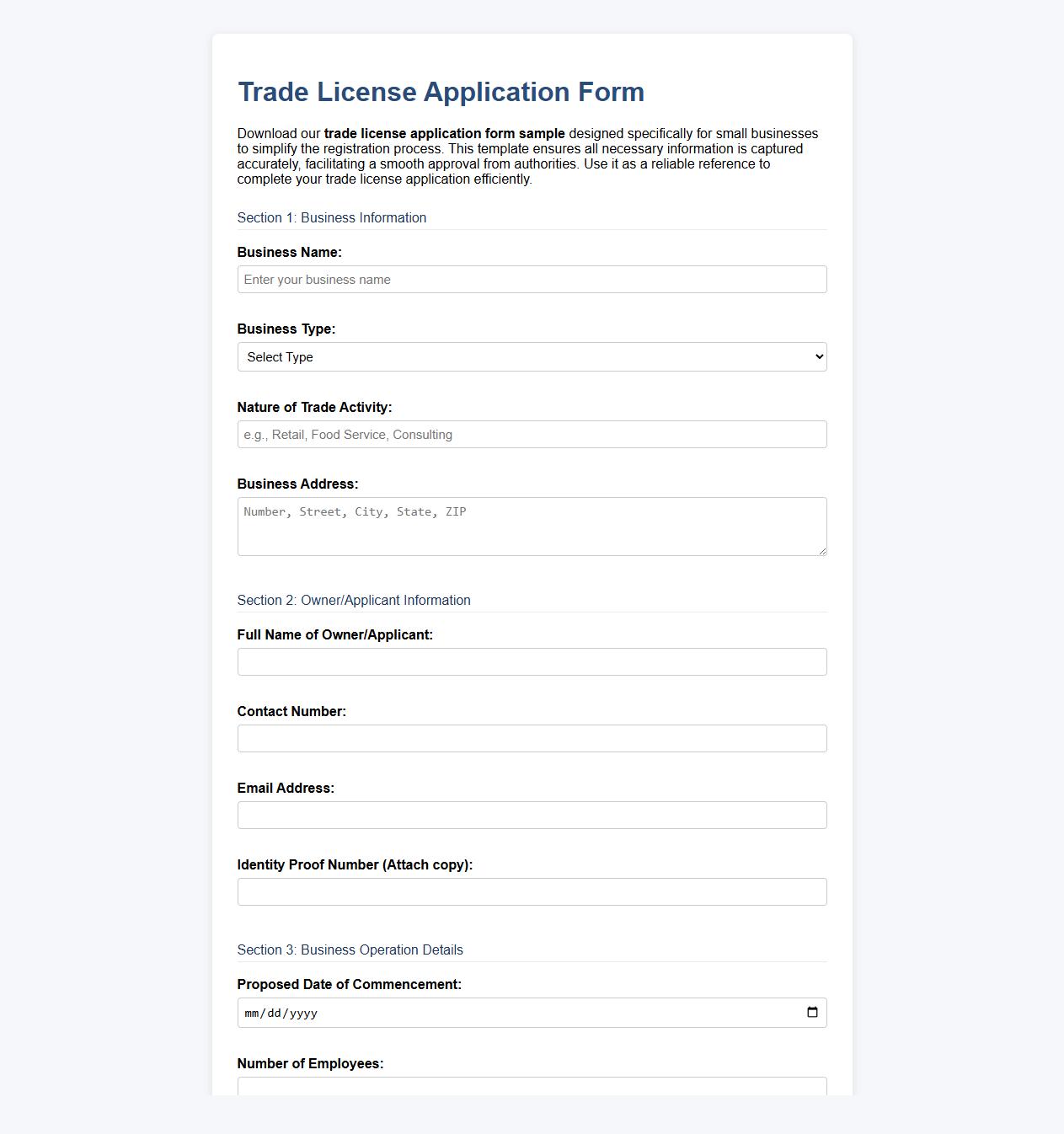 trade license application form sample for small business image preview
