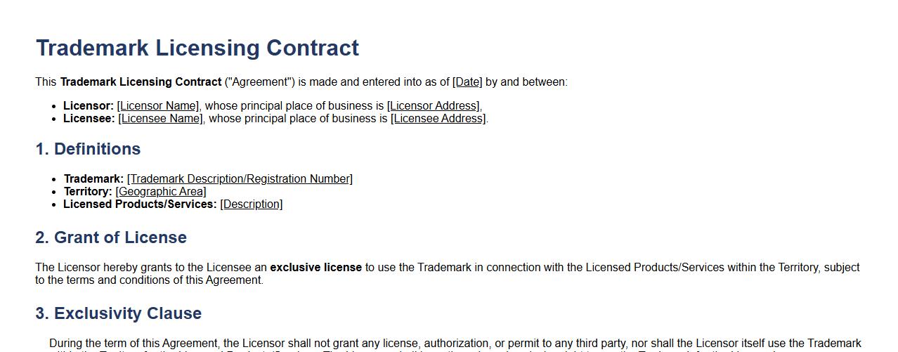 trademark licensing contract form with exclusivity clause image preview
