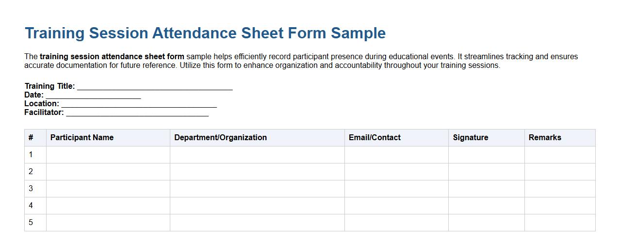 Training session attendance sheet form sample image preview
