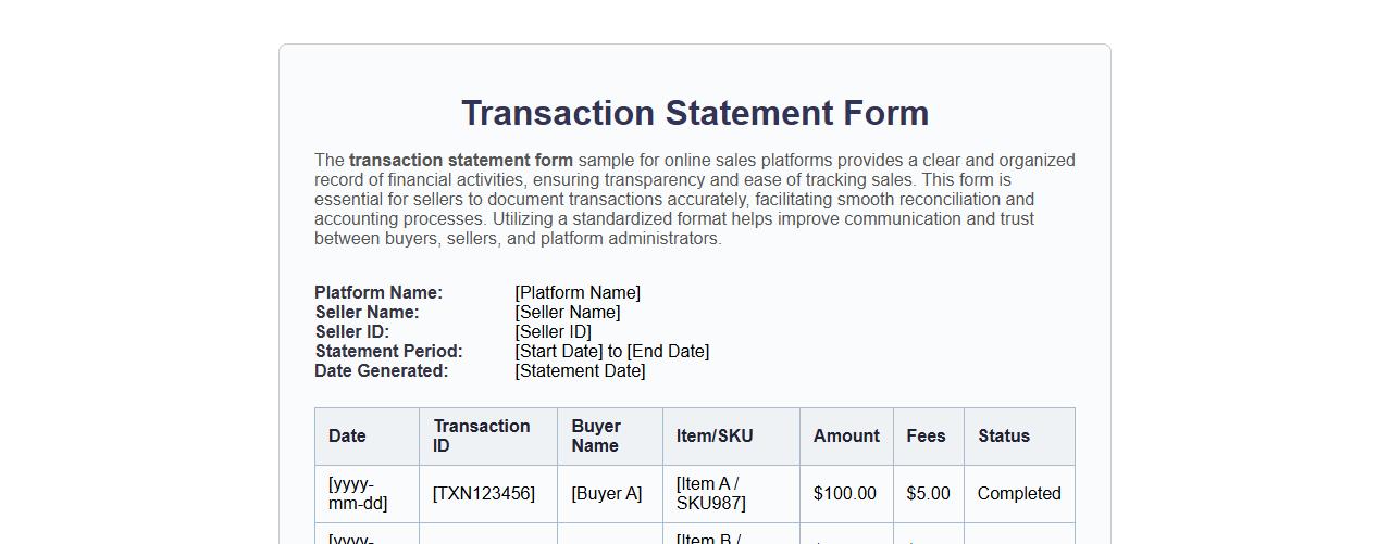 Transaction statement form sample for online sales platforms image preview
