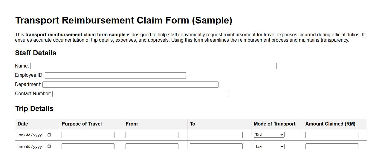 Transport reimbursement claim form sample for staff image preview