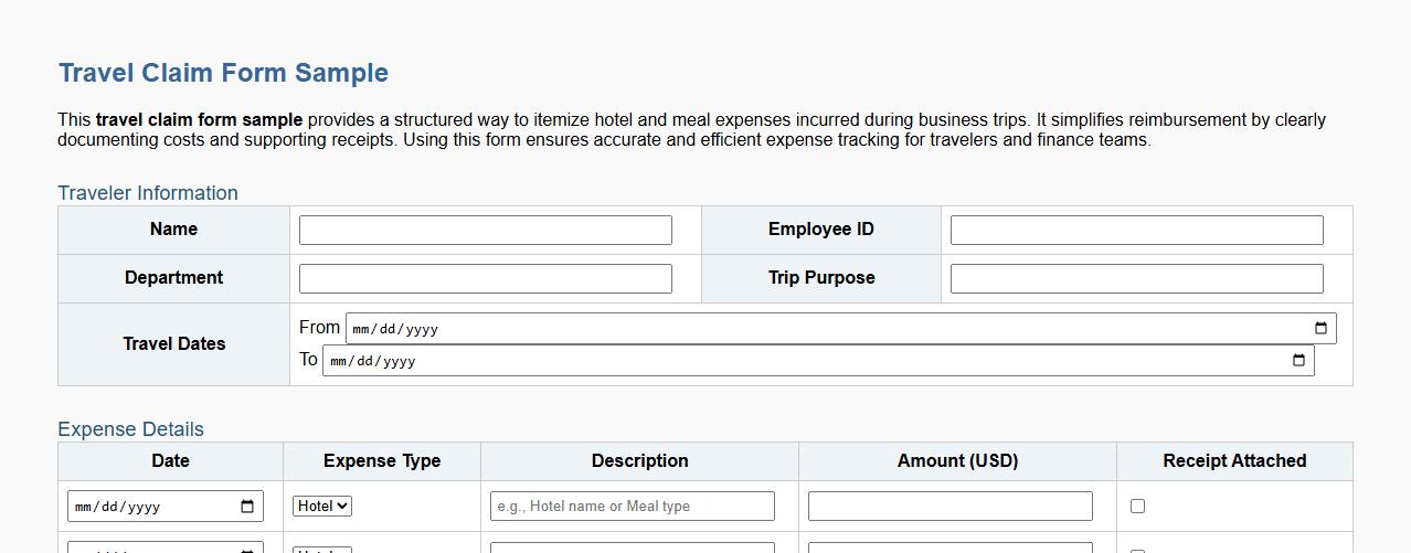 Travel claim form sample with hotel and meal expenses image preview