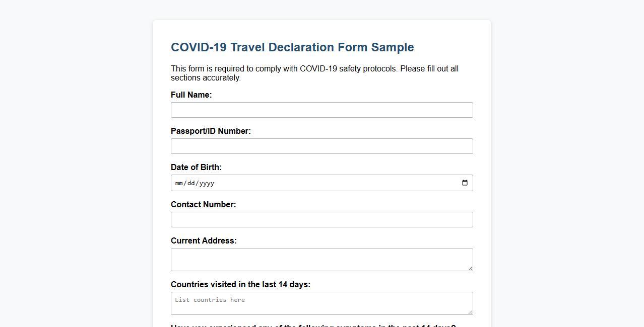 travel declaration form sample for covid-19 restrictions image preview