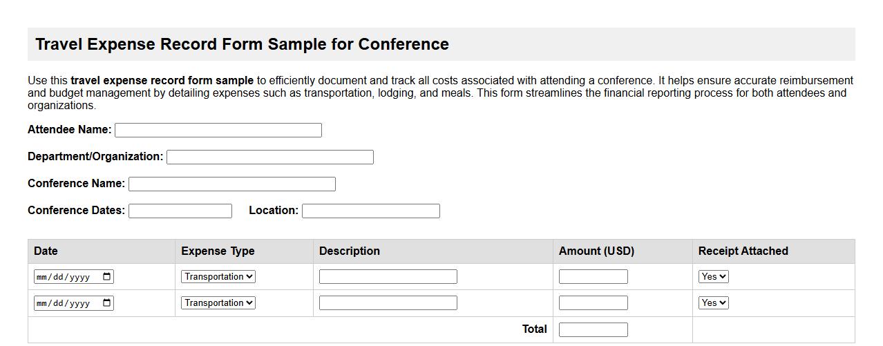 travel expense record form sample for conference image preview