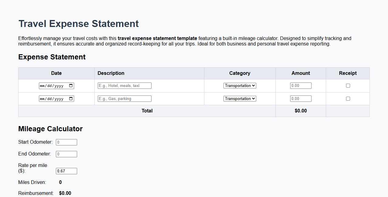 travel expense statement template with mileage calculator image preview